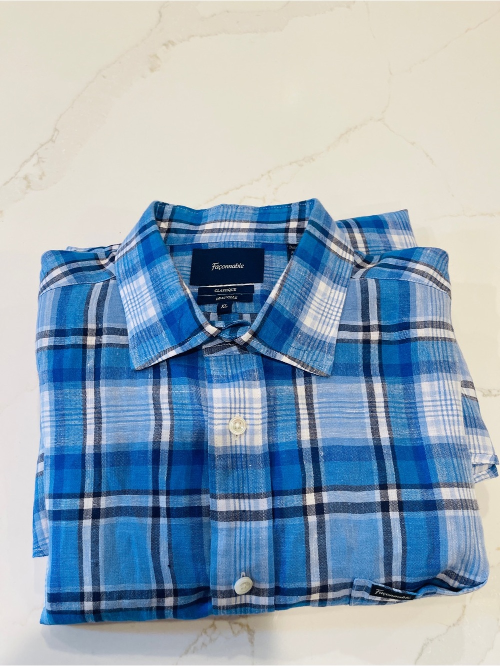 Faconnable Blue and White Plaid Button-Down Linen Shirt